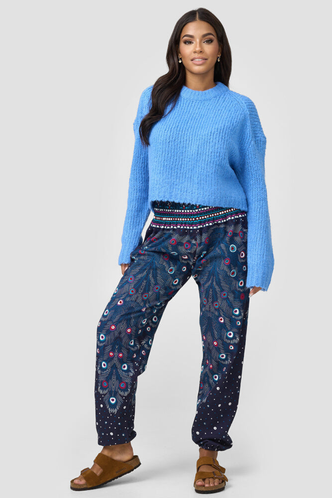 Warme Loungewear Haremshose Blaues Pfauenauge