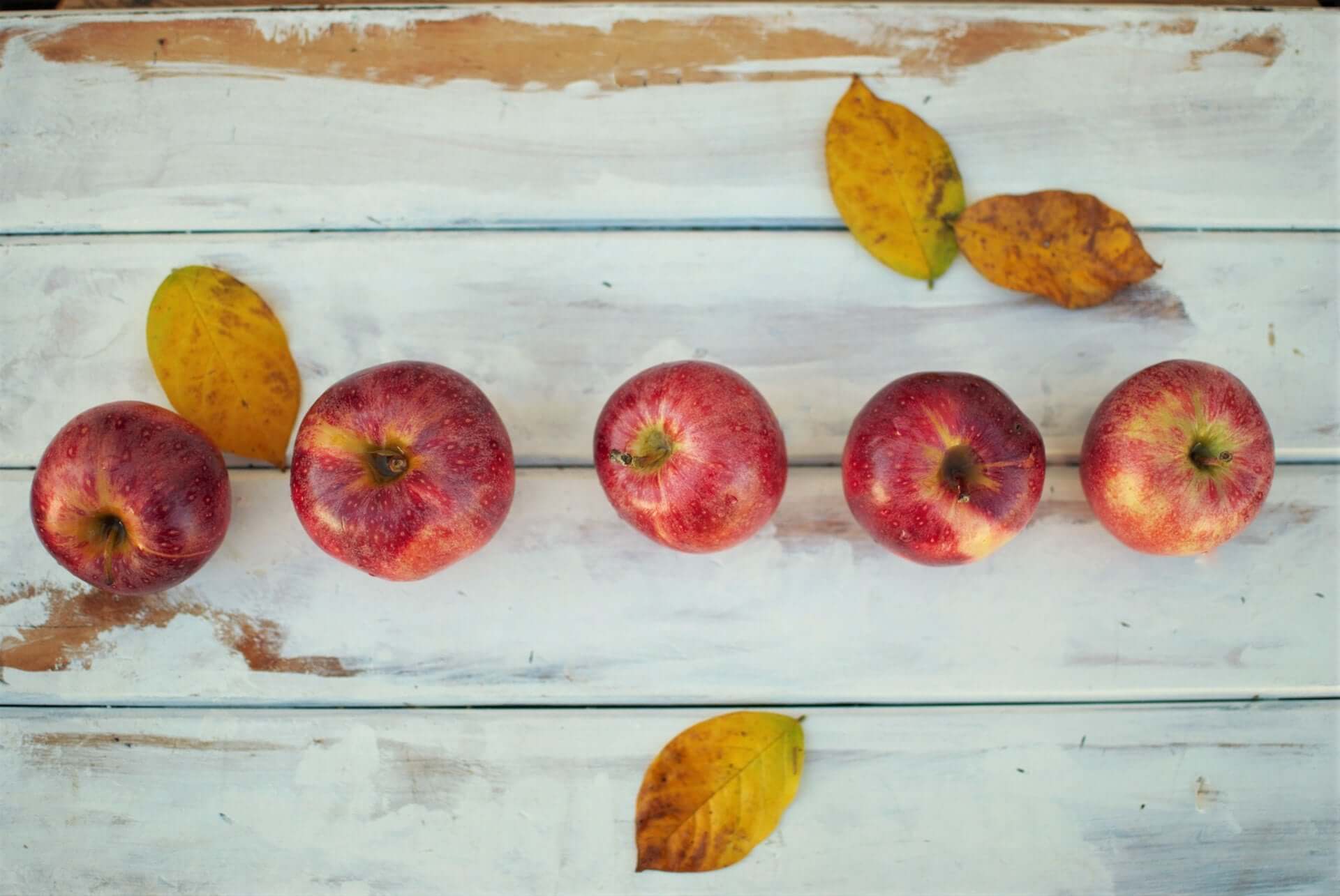 Äpfel aufgereiht auf einem herbstlich dekorierten Tisch