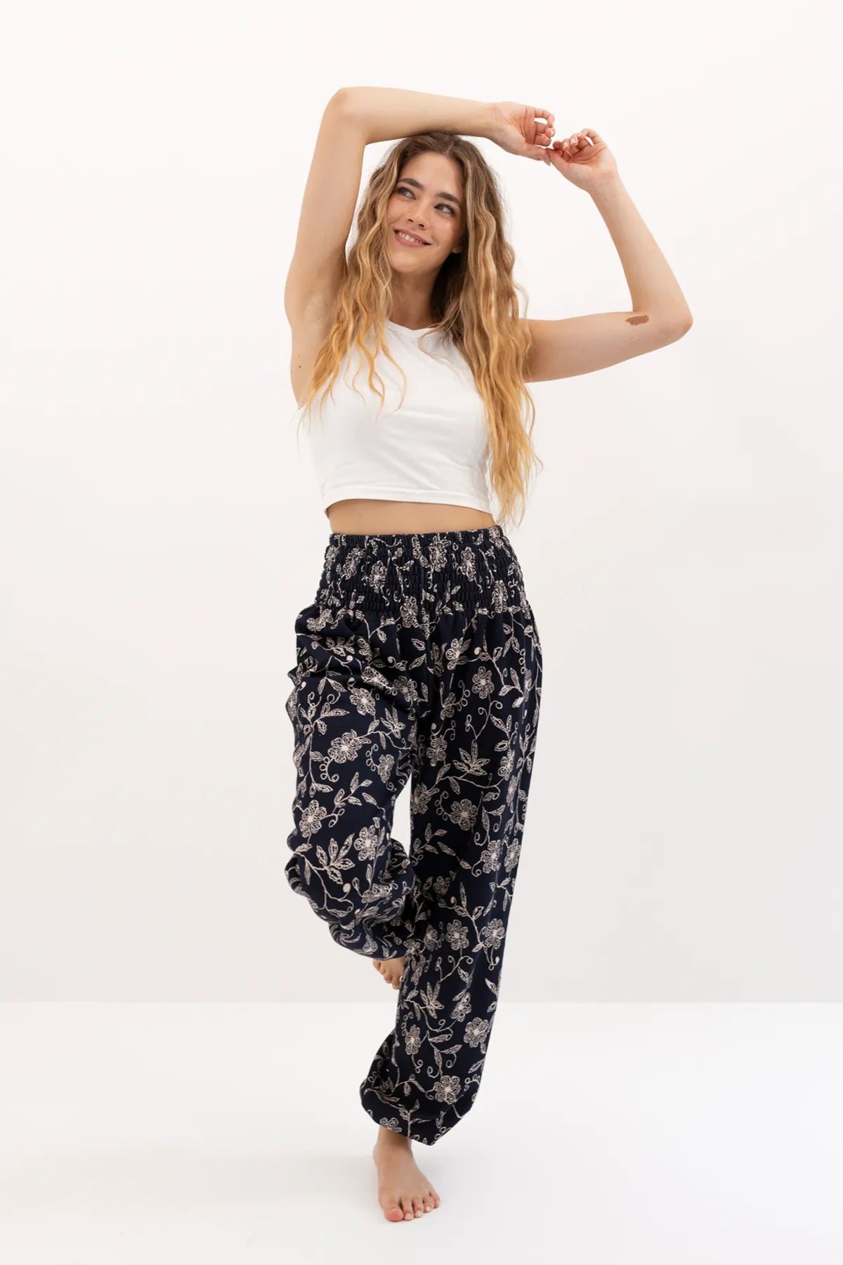 Warm loungewear harem pants deep blue wildflower