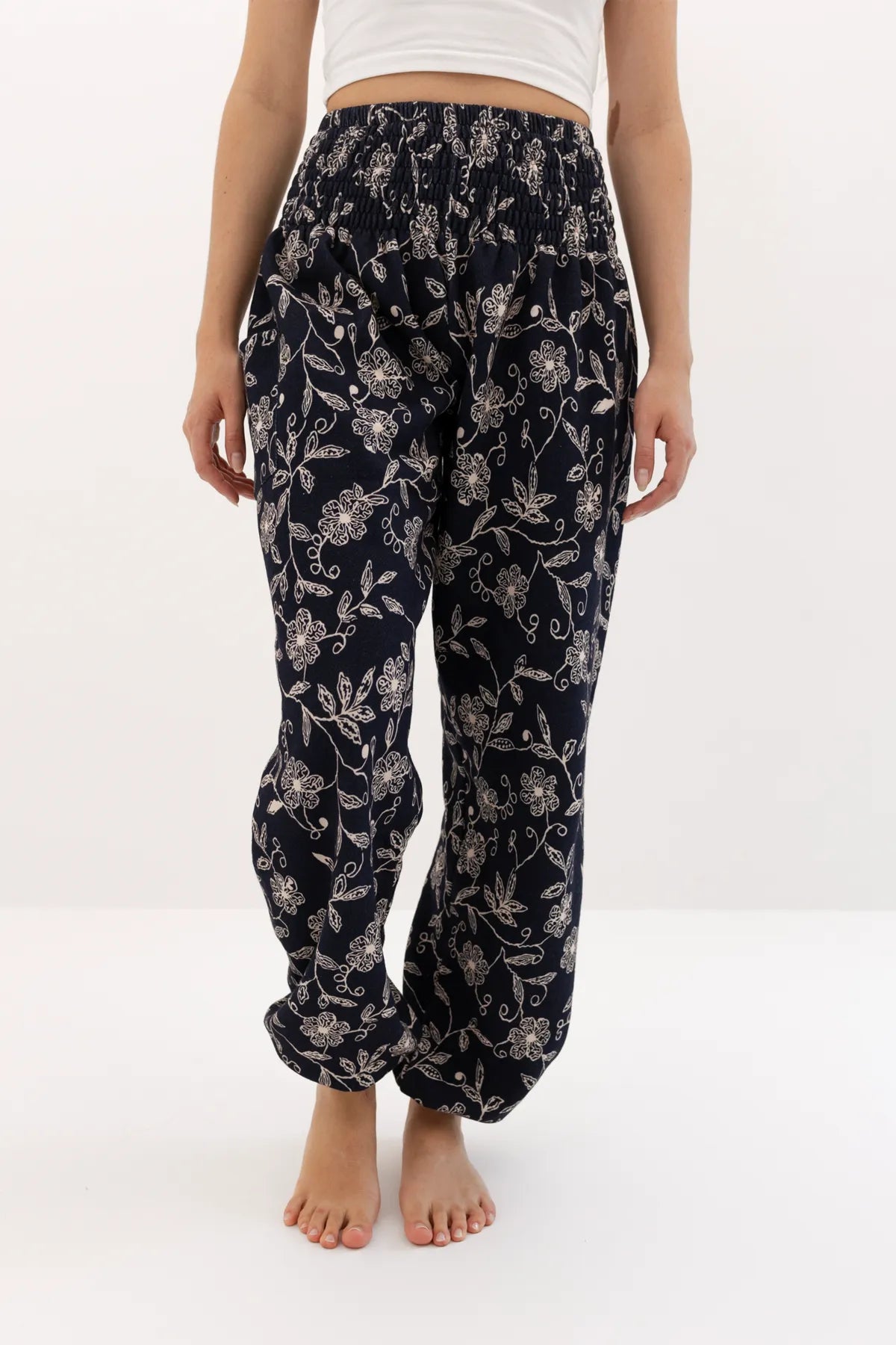 Warm loungewear harem pants deep blue wildflower