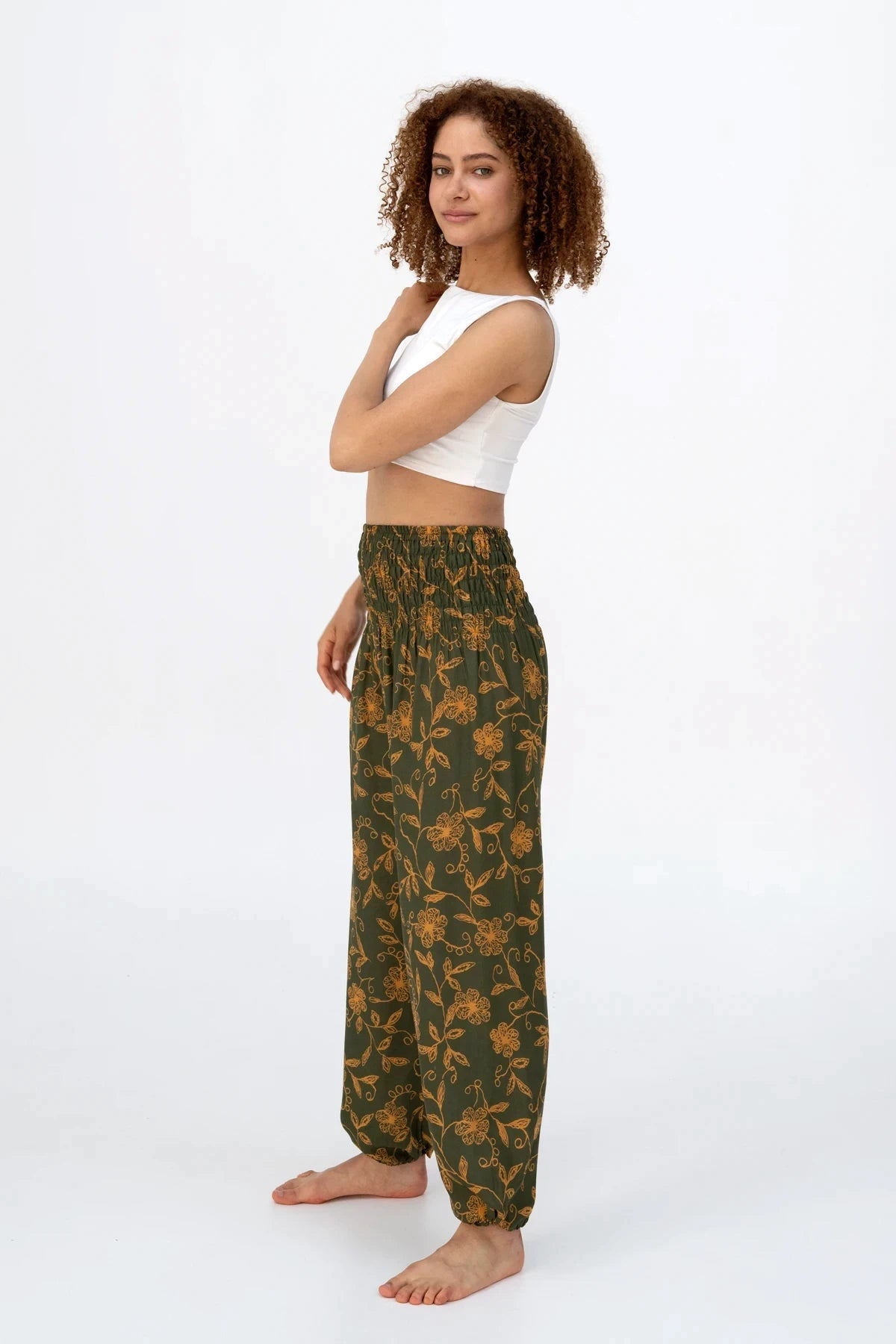 Harem Pants Olive Green Wildflower Short Version