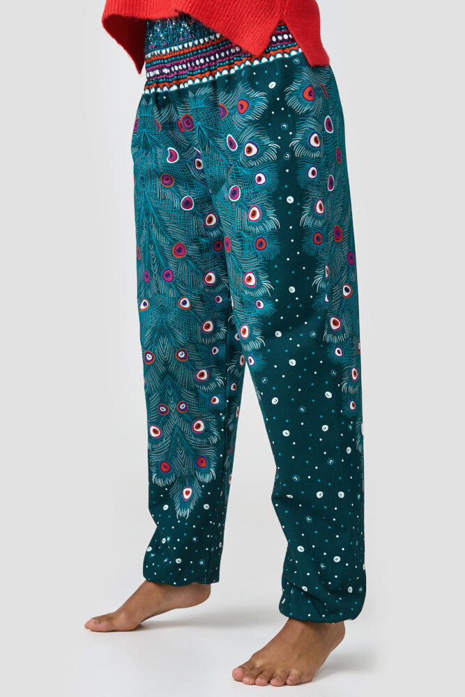 Warme Loungewear Haremshose Grünes Pfauenauge
