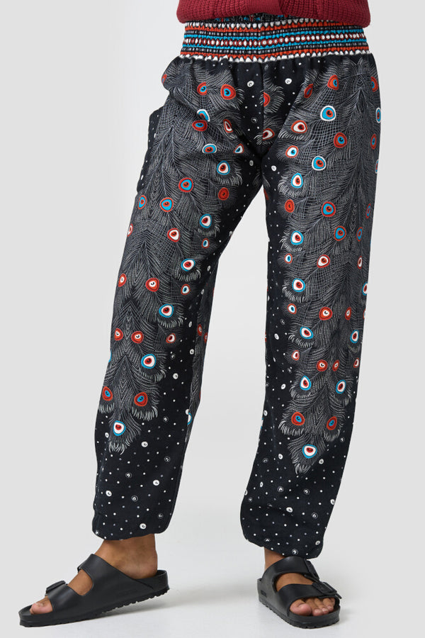 Warme Loungewear Haremshose Schwarzes Pfauenauge